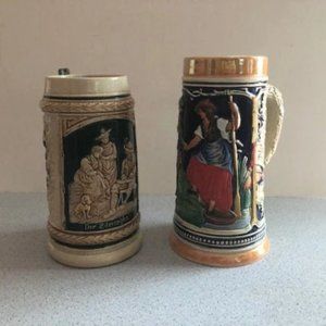 German vintage ceramic hunter and gamer player beer steins. Set of 2